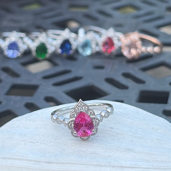 Pear Cut 1.25 tcw Genuine Pink Sapphire & Diamond Ring Sterling Silver Size 7 - Picture 3 of 15